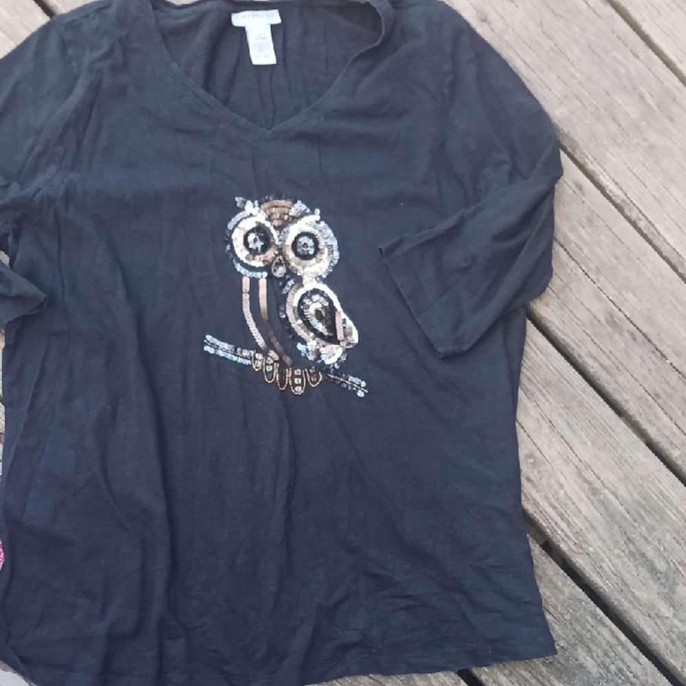 Catherines Black Cotton Tee#owl#sequins